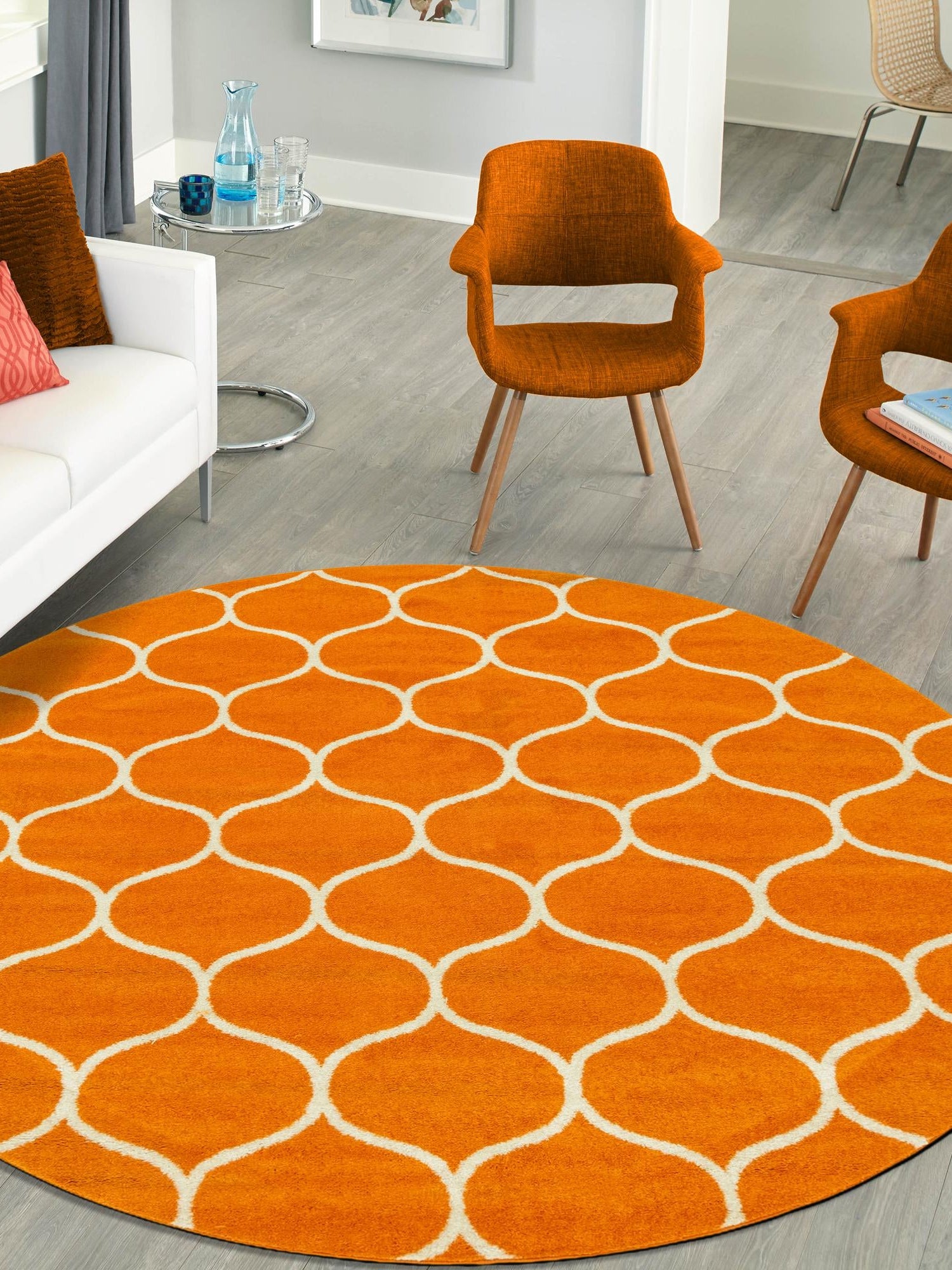 Orange 5' 3 x 5' 3 Trellis Frieze Round Area Rug Geometric Modern Unique Stain Resistant Easy Clean Carpet for Living, Dining, Bedrooms, Office for Sale at Rug Engine