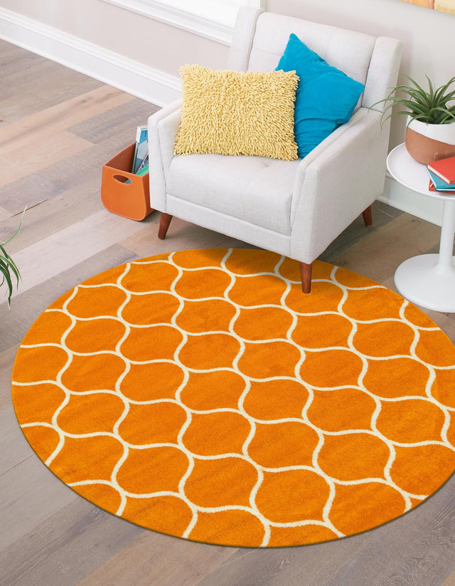 Orange 5' 3 x 5' 3 Trellis Frieze Round Area Rug Geometric Modern Unique Stain Resistant Easy Clean Carpet for Living, Dining, Bedrooms, Office for Sale at Rug Engine