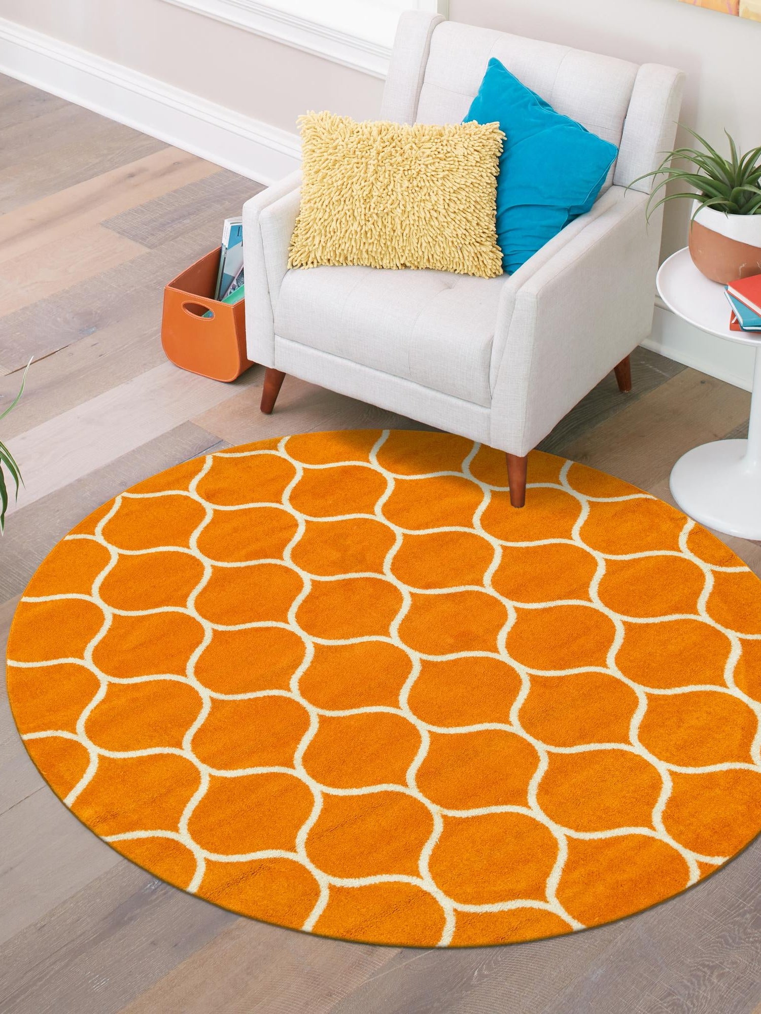 Orange 4' 1 x 4' 1 Trellis Frieze Round Area Rug Geometric Modern Unique Stain Resistant Easy Clean Carpet for Living, Dining, Bedrooms, Office for Sale at Rug Engine