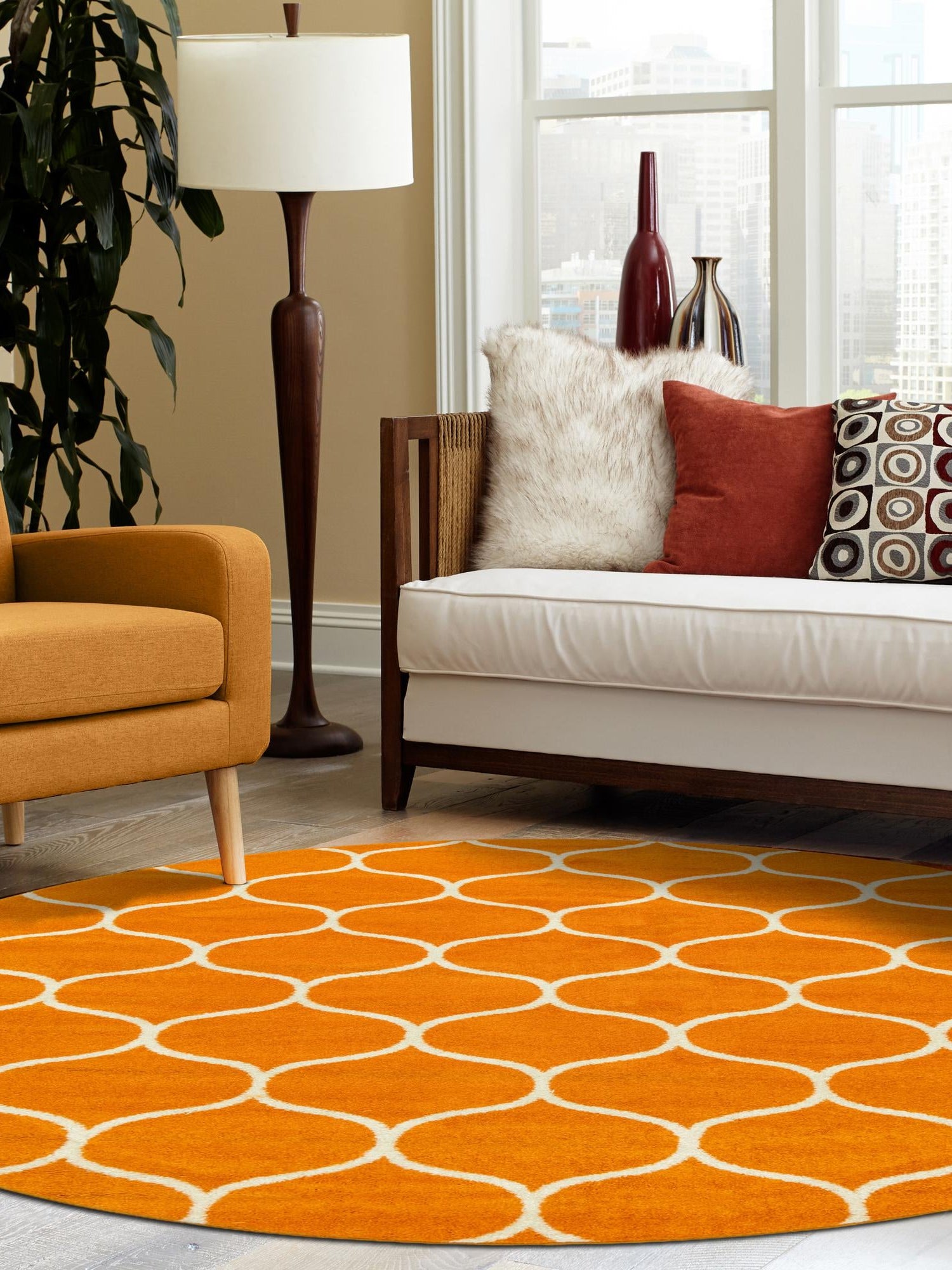 Orange 7' 10 x 7' 10 Trellis Frieze Round Area Rug Geometric Modern Unique Stain Resistant Easy Clean Carpet for Living, Dining, Bedrooms, Office for Sale at Rug Engine
