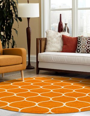 Orange 7' 10 x 7' 10 Trellis Frieze Round Area Rug Geometric Modern Unique Stain Resistant Easy Clean Carpet for Living, Dining, Bedrooms, Office for Sale at Rug Engine