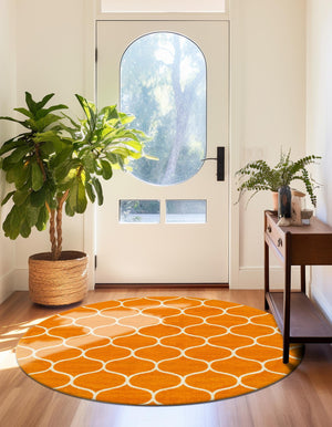 Orange 5' 3 x 5' 3 Trellis Frieze Round Area Rug Geometric Modern Unique Stain Resistant Easy Clean Carpet for Living, Dining, Bedrooms, Office for Sale at Rug Engine