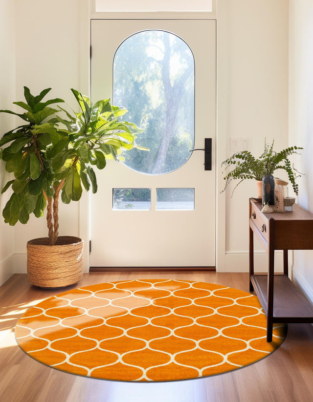 Orange 7' 10 x 7' 10 Trellis Frieze Round Area Rug Geometric Modern Unique Stain Resistant Easy Clean Carpet for Living, Dining, Bedrooms, Office for Sale at Rug Engine