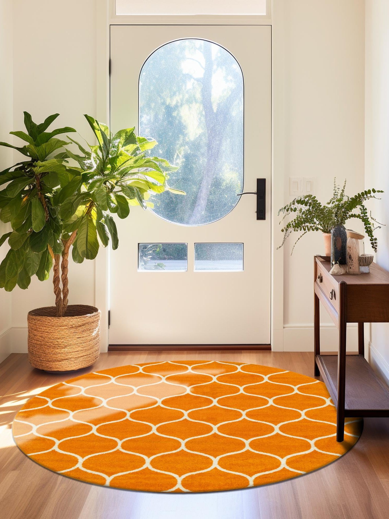 Orange 4' 1 x 4' 1 Trellis Frieze Round Area Rug Geometric Modern Unique Stain Resistant Easy Clean Carpet for Living, Dining, Bedrooms, Office for Sale at Rug Engine
