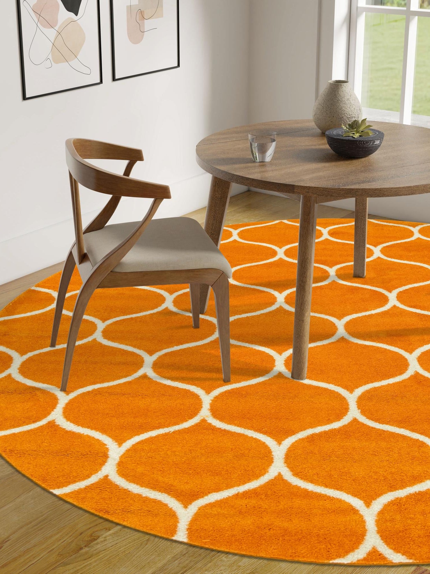 Orange 4' 1 x 4' 1 Trellis Frieze Round Area Rug Geometric Modern Unique Stain Resistant Easy Clean Carpet for Living, Dining, Bedrooms, Office for Sale at Rug Engine