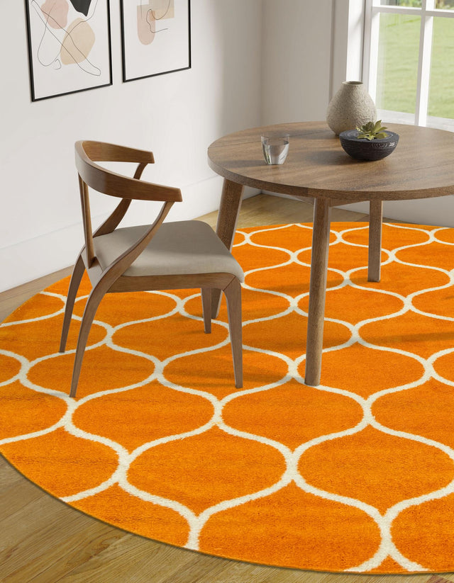 Orange 7' 10 x 7' 10 Trellis Frieze Round Area Rug Geometric Modern Unique Stain Resistant Easy Clean Carpet for Living, Dining, Bedrooms, Office for Sale at Rug Engine