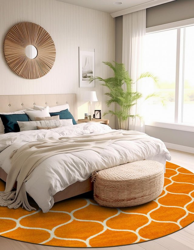 Orange 4' 1 x 4' 1 Trellis Frieze Round Area Rug Geometric Modern Unique Stain Resistant Easy Clean Carpet for Living, Dining, Bedrooms, Office for Sale at Rug Engine