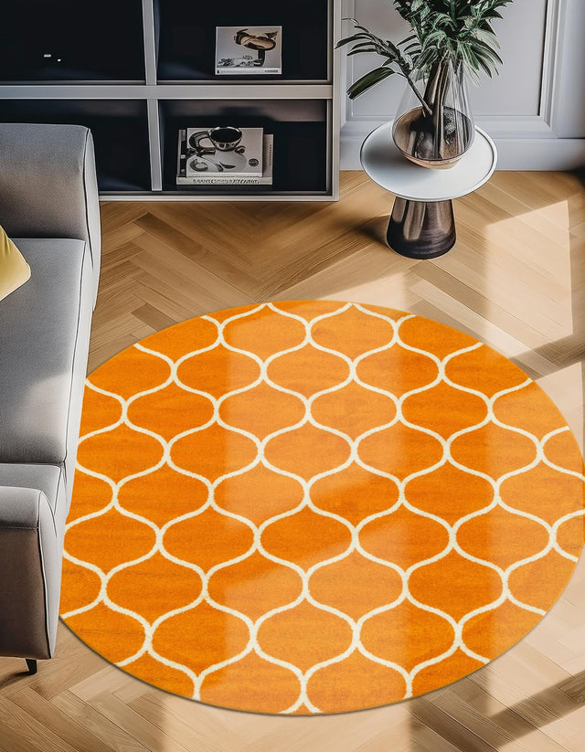 Orange 3' 1 x 3' 1 Trellis Frieze Round Area Rug Geometric Modern Unique Stain Resistant Easy Clean Carpet for Living, Dining, Bedrooms, Office for Sale at Rug Engine