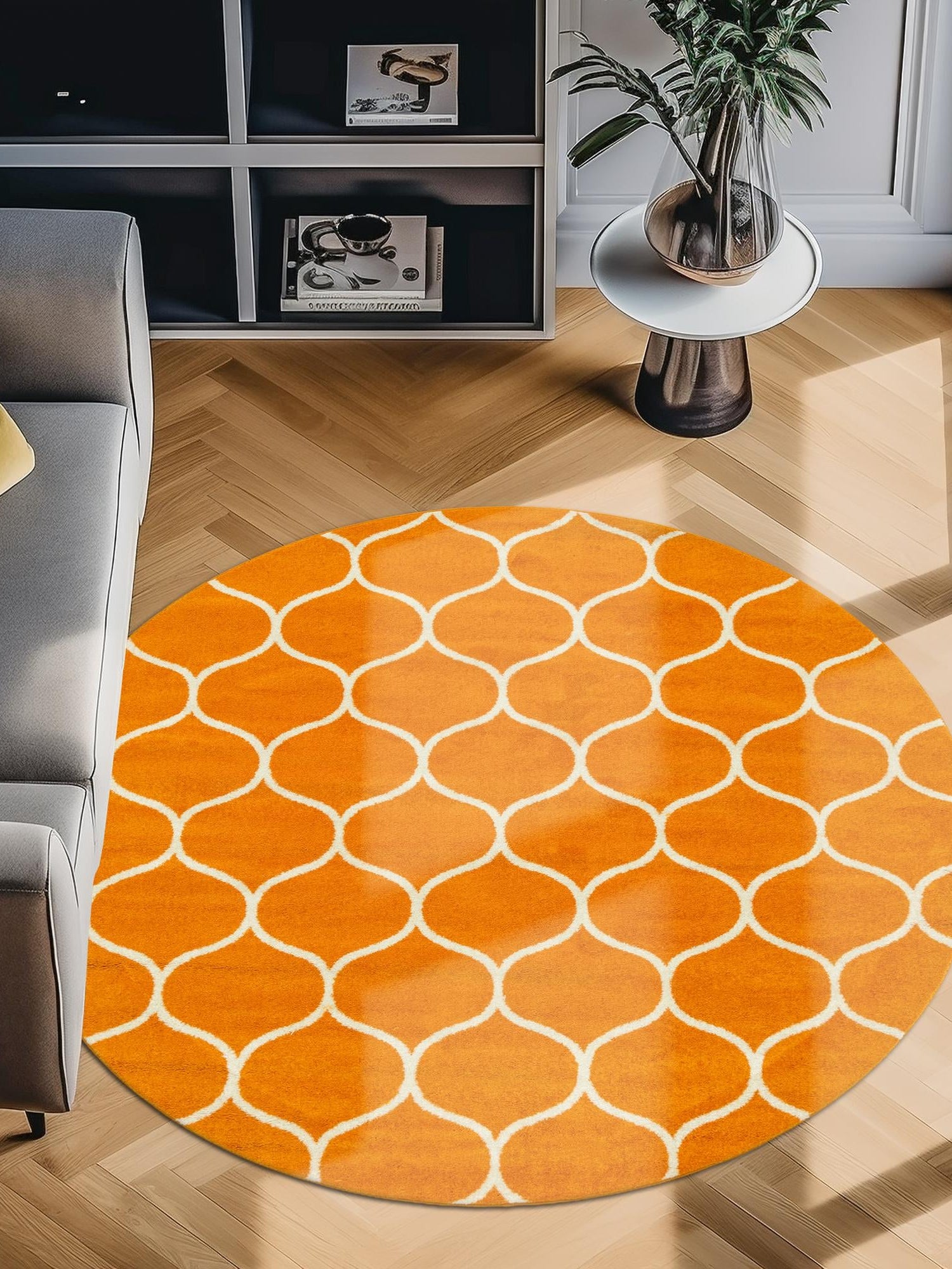 Orange 7' 10 x 7' 10 Trellis Frieze Round Area Rug Geometric Modern Unique Stain Resistant Easy Clean Carpet for Living, Dining, Bedrooms, Office for Sale at Rug Engine