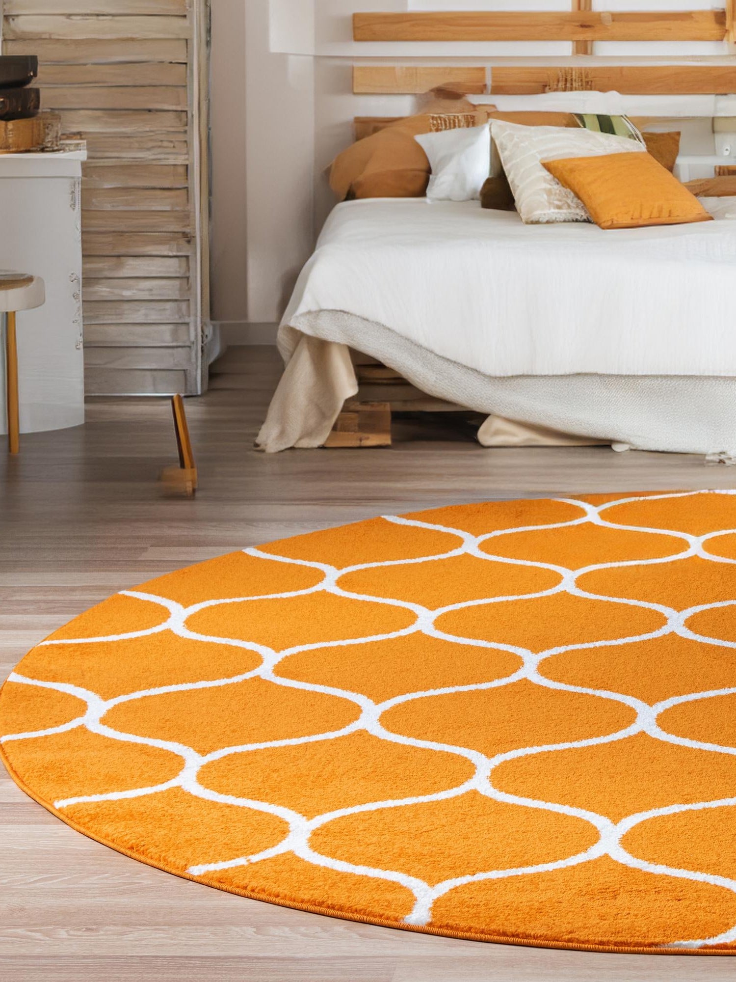 Orange 4' 1 x 4' 1 Trellis Frieze Round Area Rug Geometric Modern Unique Stain Resistant Easy Clean Carpet for Living, Dining, Bedrooms, Office for Sale at Rug Engine