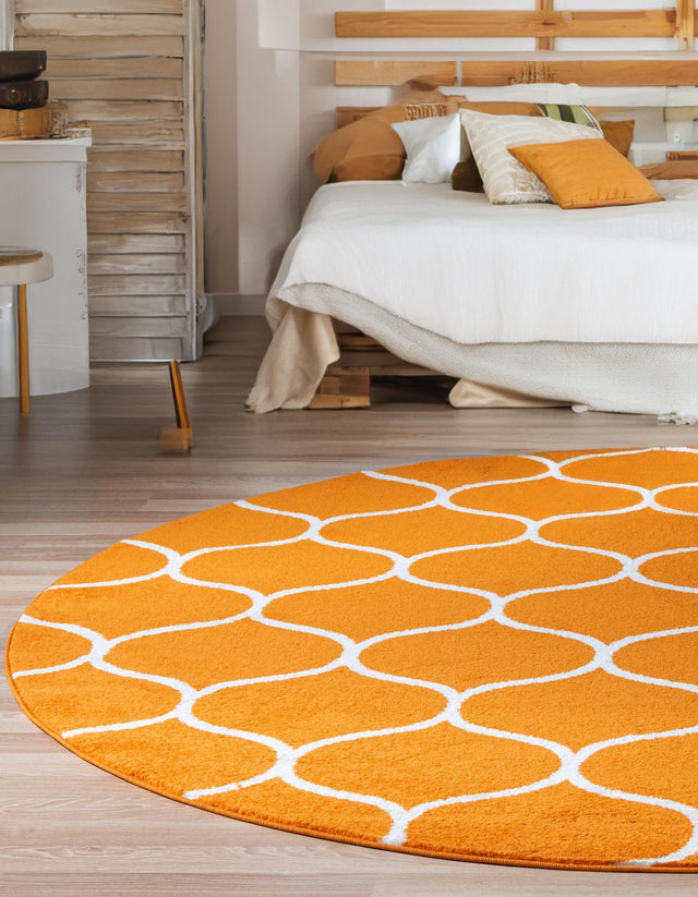 Orange 4' 1 x 4' 1 Trellis Frieze Round Area Rug Geometric Modern Unique Stain Resistant Easy Clean Carpet for Living, Dining, Bedrooms, Office for Sale at Rug Engine