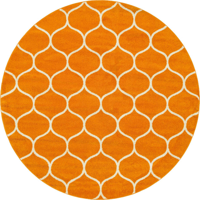 Orange 7' 10 x 7' 10 Trellis Frieze Round Area Rug Geometric Modern Unique Stain Resistant Easy Clean Carpet for Living, Dining, Bedrooms, Office for Sale at Rug Engine