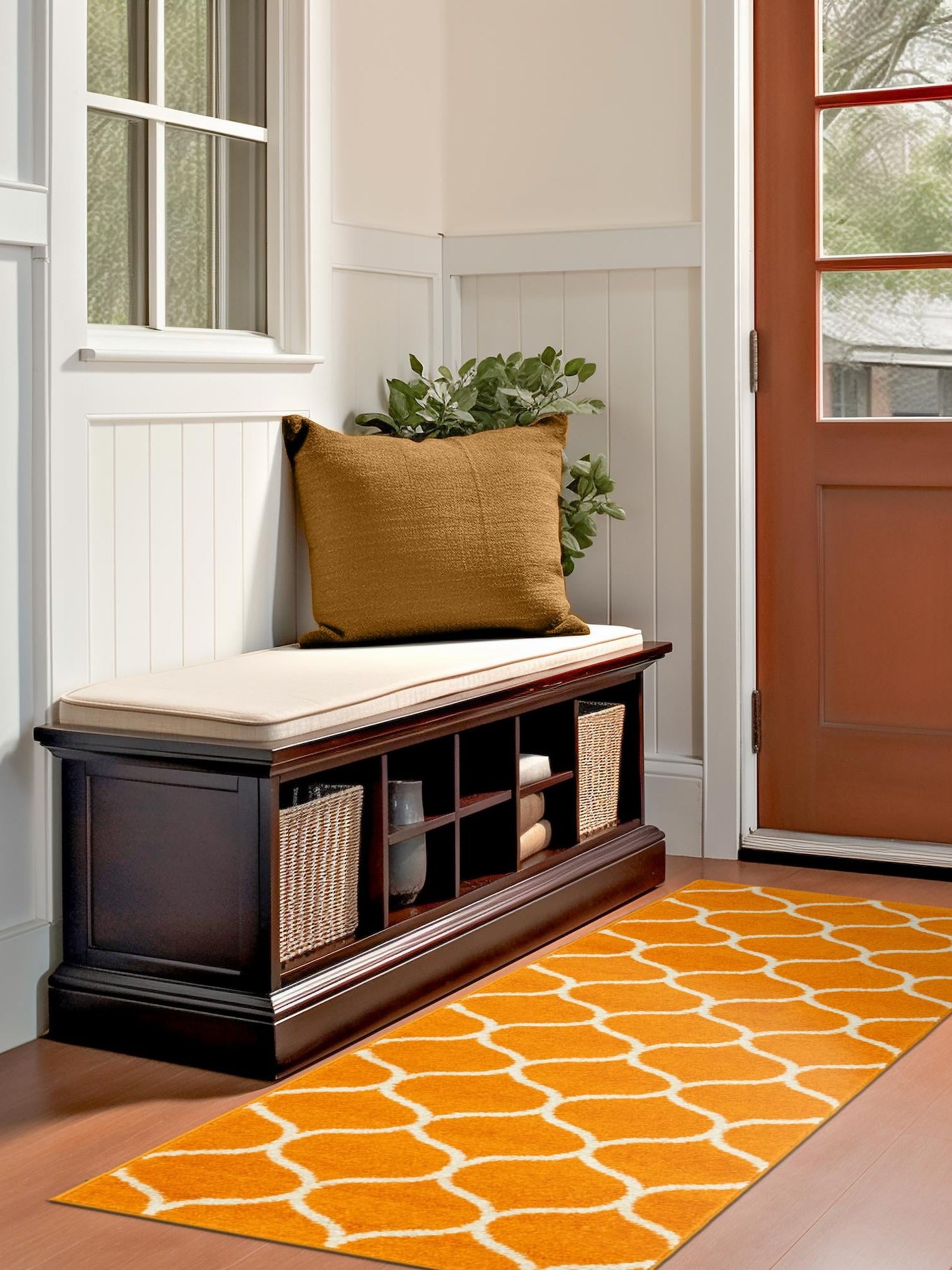 Orange 2' x 8' 8 Trellis Frieze Runner Area Rug Geometric Modern Unique Stain Resistant Easy Clean Carpet for Living, Dining, Bedrooms, Office for Sale at Rug Engine