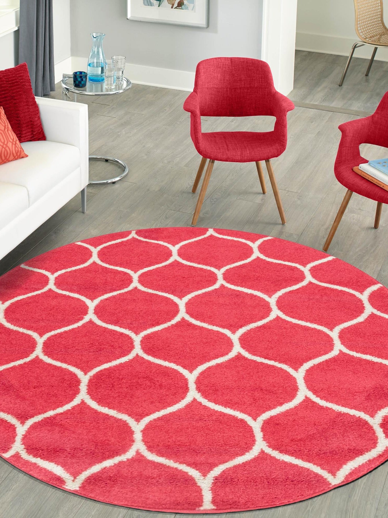 Pink 8' x 8' Trellis Frieze Round Area Rug Geometric Modern Unique Stain Resistant Easy Clean Carpet for Living, Dining, Bedrooms, Office for Sale at Rug Engine