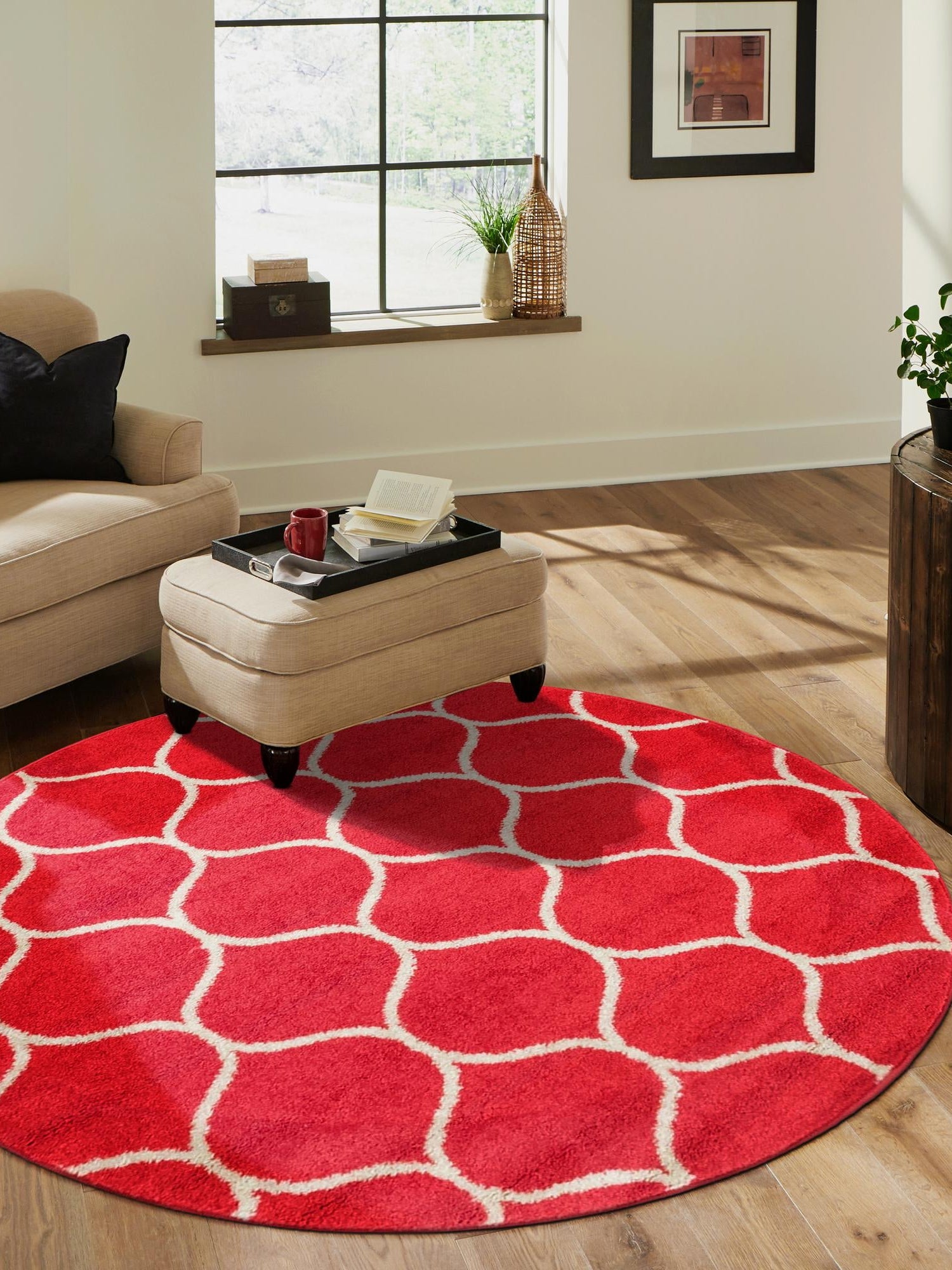 Pink 4' 1 x 4' 1 Trellis Frieze Round Area Rug Geometric Modern Unique Stain Resistant Easy Clean Carpet for Living, Dining, Bedrooms, Office for Sale at Rug Engine