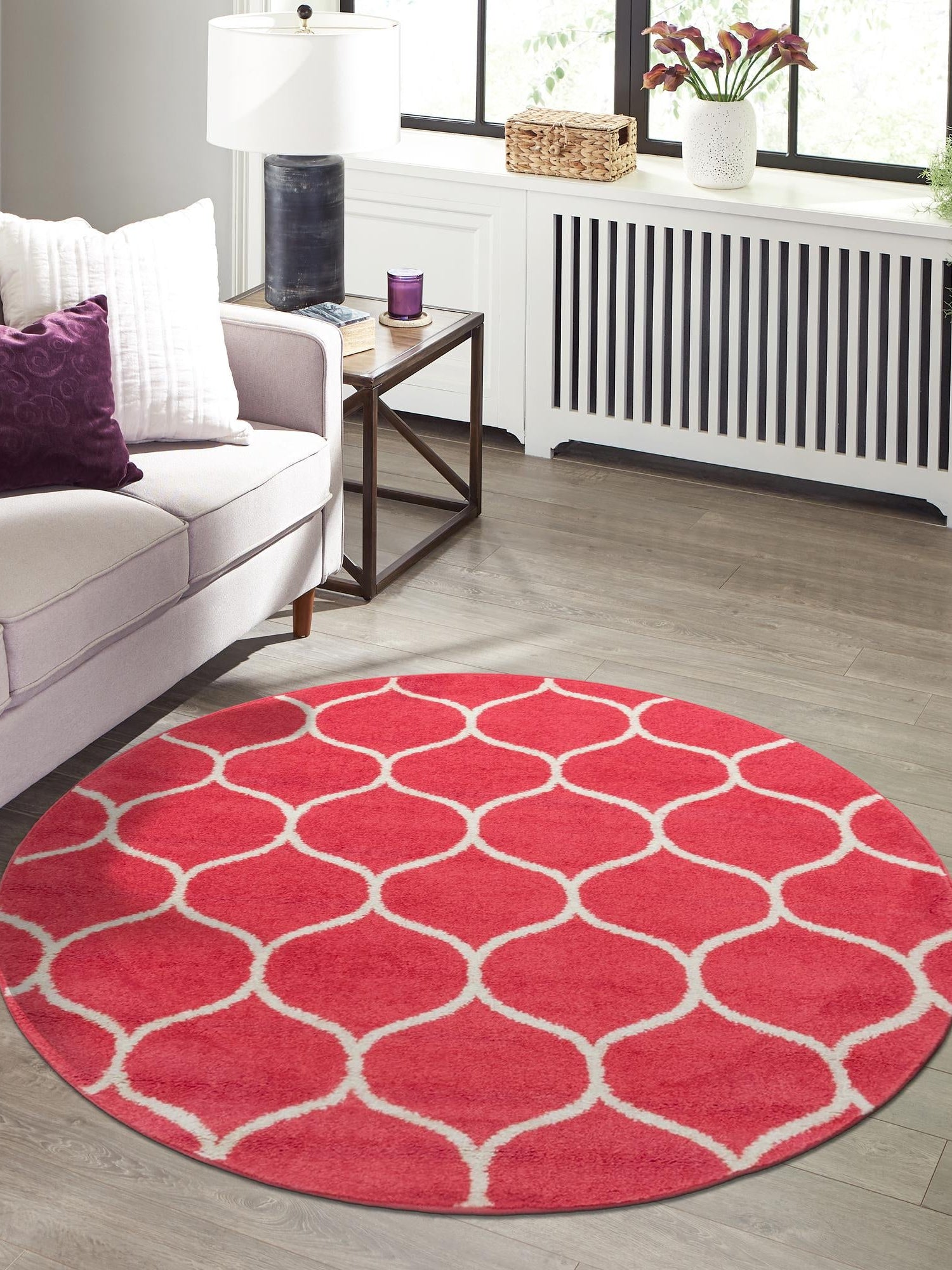 Pink 8' x 8' Trellis Frieze Round Area Rug Geometric Modern Unique Stain Resistant Easy Clean Carpet for Living, Dining, Bedrooms, Office for Sale at Rug Engine
