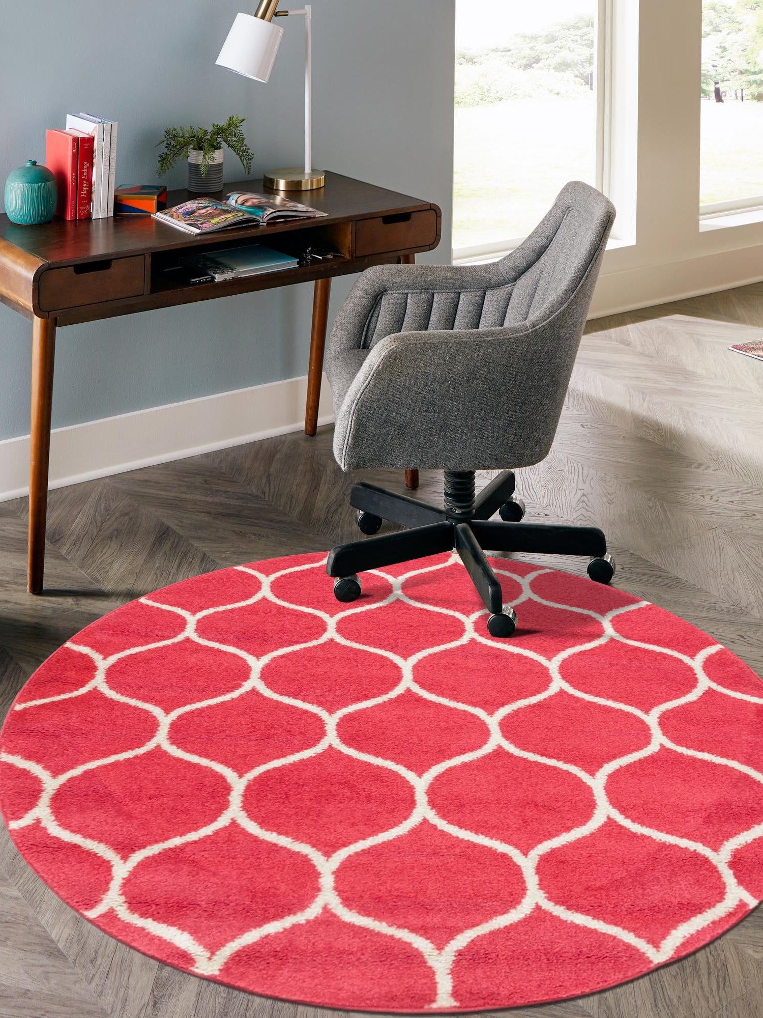 Pink 4' 1 x 4' 1 Trellis Frieze Round Area Rug Geometric Modern Unique Stain Resistant Easy Clean Carpet for Living, Dining, Bedrooms, Office for Sale at Rug Engine