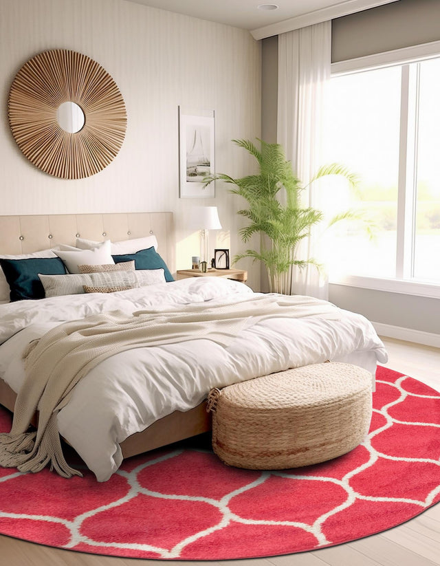 Pink 4' 1 x 4' 1 Trellis Frieze Round Area Rug Geometric Modern Unique Stain Resistant Easy Clean Carpet for Living, Dining, Bedrooms, Office for Sale at Rug Engine