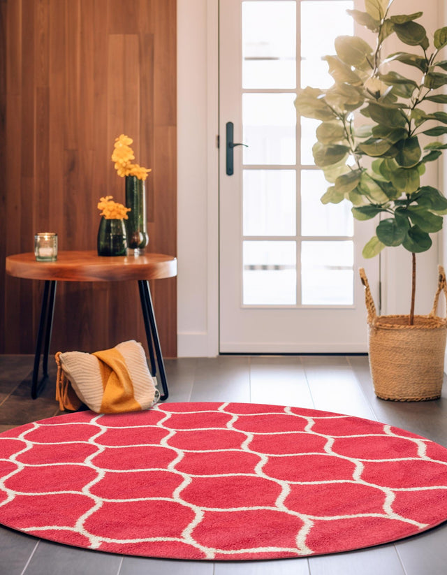 Pink 5' 1 x 5' 1 Trellis Frieze Round Area Rug Geometric Modern Unique Stain Resistant Easy Clean Carpet for Living, Dining, Bedrooms, Office for Sale at Rug Engine