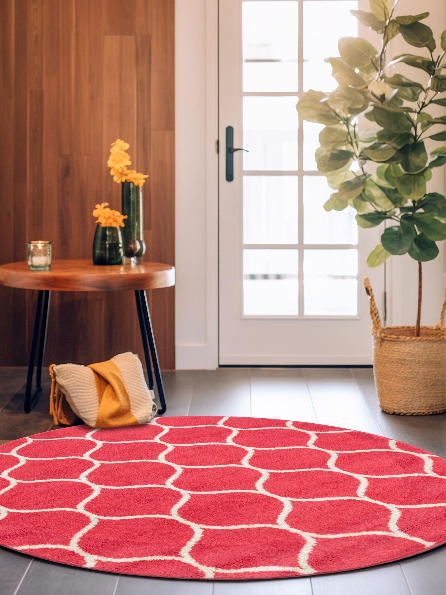 Pink 4' 1 x 4' 1 Trellis Frieze Round Area Rug Geometric Modern Unique Stain Resistant Easy Clean Carpet for Living, Dining, Bedrooms, Office for Sale at Rug Engine