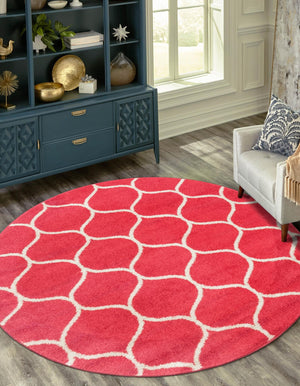 Pink 5' 1 x 5' 1 Trellis Frieze Round Area Rug Geometric Modern Unique Stain Resistant Easy Clean Carpet for Living, Dining, Bedrooms, Office for Sale at Rug Engine