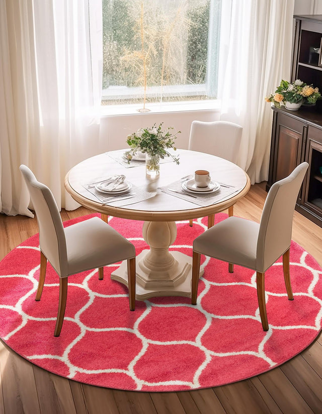 Pink 5' 1 x 5' 1 Trellis Frieze Round Area Rug Geometric Modern Unique Stain Resistant Easy Clean Carpet for Living, Dining, Bedrooms, Office for Sale at Rug Engine