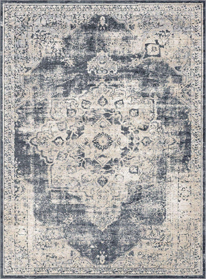 Navy Blue 9' x 12' Chateau Rectangle Area Rug 85% Polypropylene & 15% Chenille With Cotton Backing Traditional Vintage Distressed Carpet for Classical Interior Design Decorating for Sale at Rug Engine