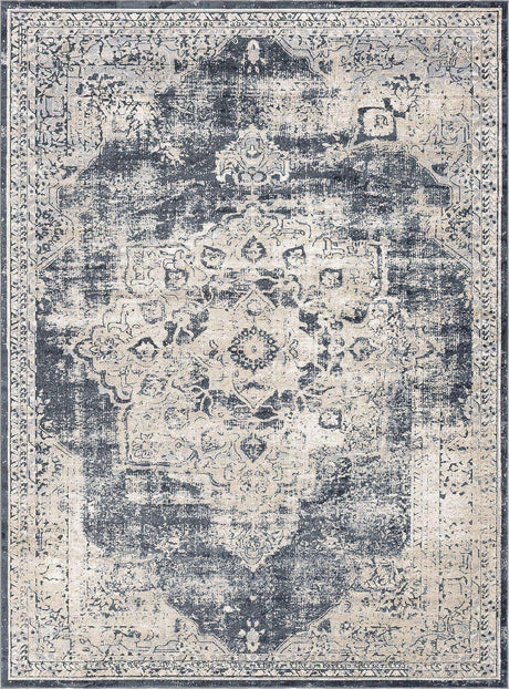 Navy Blue 9' x 12' Chateau Rectangle Area Rug 85% Polypropylene & 15% Chenille With Cotton Backing Traditional Vintage Distressed Carpet for Classical Interior Design Decorating for Sale at Rug Engine