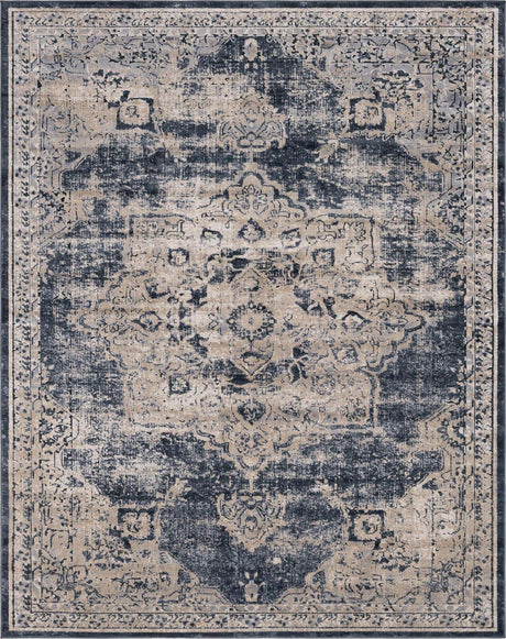 Navy Blue 7' 10 x 10' Chateau Rectangle Area Rug 85% Polypropylene & 15% Chenille With Cotton Backing Traditional Vintage Distressed Carpet for Classical Interior Design Decorating for Sale at Rug Engine