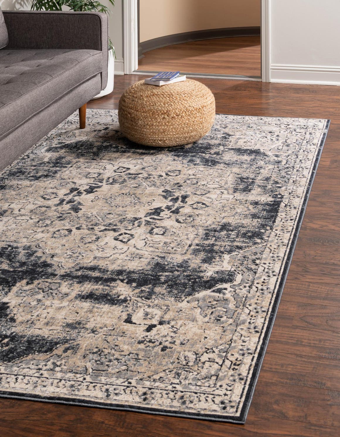 Navy Blue 5' 3 x 8' Chateau Rectangle Area Rug 85% Polypropylene & 15% Chenille With Cotton Backing Traditional Vintage Distressed Carpet for Classical Interior Design Decorating for Sale at Rug Engine