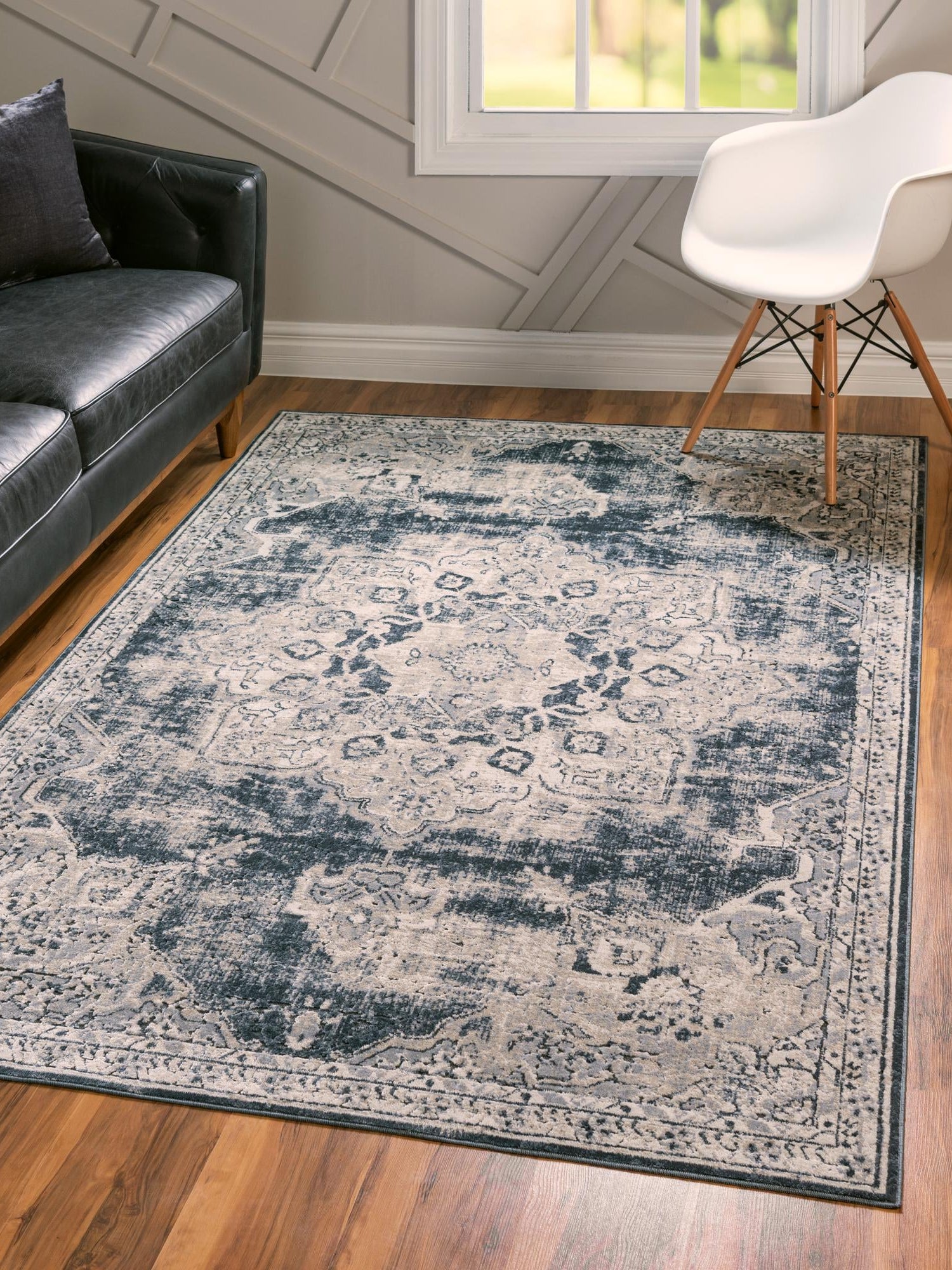 Navy Blue 9' x 12' Chateau Rectangle Area Rug 85% Polypropylene & 15% Chenille With Cotton Backing Traditional Vintage Distressed Carpet for Classical Interior Design Decorating for Sale at Rug Engine
