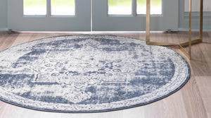 Navy Blue 4' 1 x 4' 1 Chateau Round Area Rug 85% Polypropylene & 15% Chenille With Cotton Backing Traditional Vintage Distressed Carpet for Classical Interior Design Decorating for Sale at Rug Engine