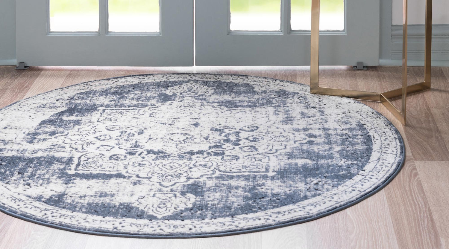 Navy Blue 7' 10 x 7' 10 Chateau Round Area Rug 85% Polypropylene & 15% Chenille With Cotton Backing Traditional Vintage Distressed Carpet for Classical Interior Design Decorating for Sale at Rug Engine