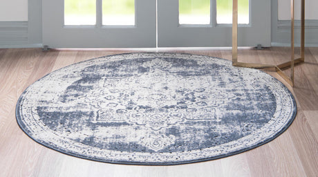 Navy Blue 4' 1 x 4' 1 Chateau Round Area Rug 85% Polypropylene & 15% Chenille With Cotton Backing Traditional Vintage Distressed Carpet for Classical Interior Design Decorating for Sale at Rug Engine