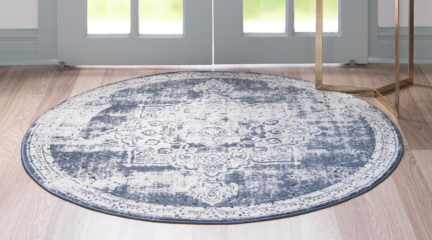 Navy Blue 7' 10 x 7' 10 Chateau Round Area Rug 85% Polypropylene & 15% Chenille With Cotton Backing Traditional Vintage Distressed Carpet for Classical Interior Design Decorating for Sale at Rug Engine