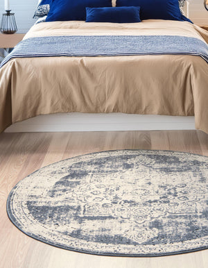 Navy Blue 4' 1 x 4' 1 Chateau Round Area Rug 85% Polypropylene & 15% Chenille With Cotton Backing Traditional Vintage Distressed Carpet for Classical Interior Design Decorating for Sale at Rug Engine