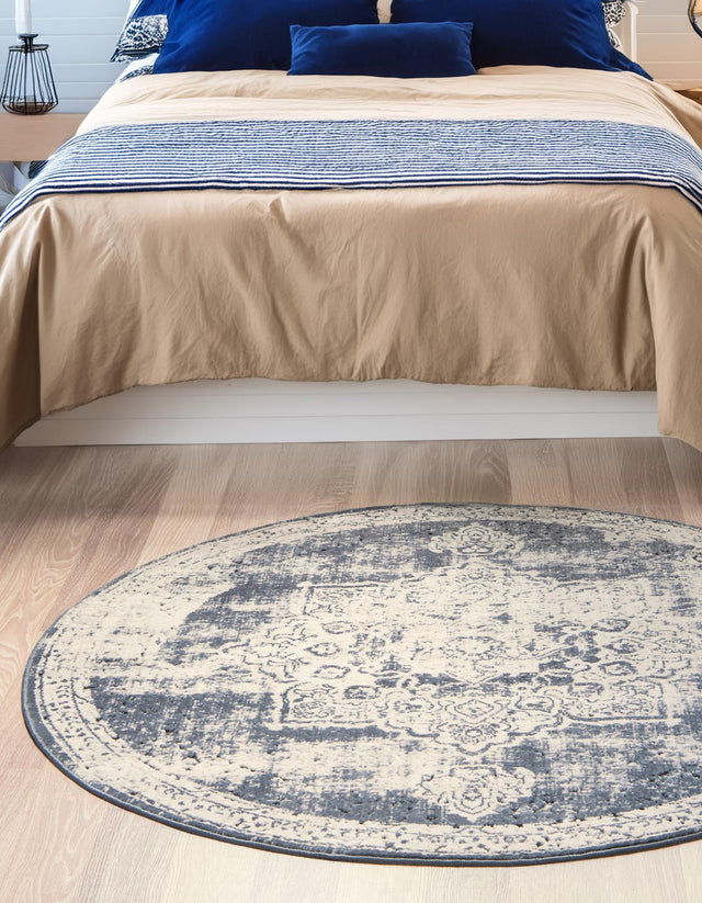 Navy Blue 4' 1 x 4' 1 Chateau Round Area Rug 85% Polypropylene & 15% Chenille With Cotton Backing Traditional Vintage Distressed Carpet for Classical Interior Design Decorating for Sale at Rug Engine