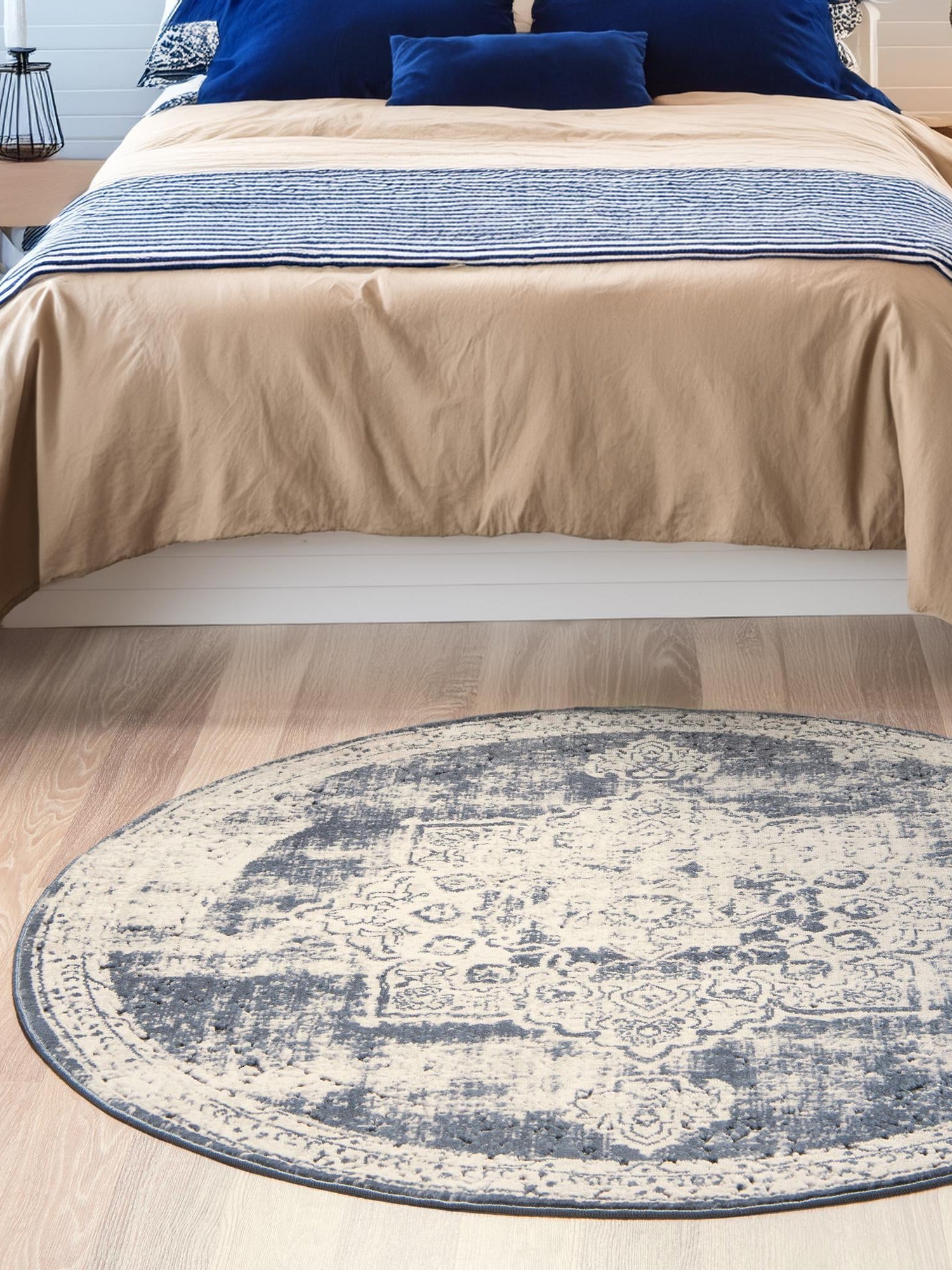 Navy Blue 7' 10 x 7' 10 Chateau Round Area Rug 85% Polypropylene & 15% Chenille With Cotton Backing Traditional Vintage Distressed Carpet for Classical Interior Design Decorating for Sale at Rug Engine