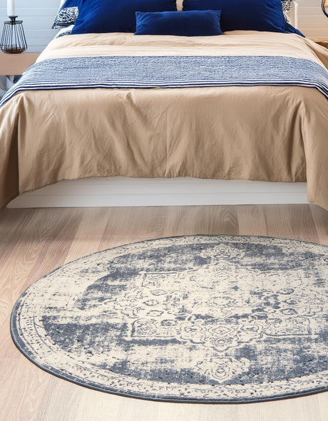 Navy Blue 7' 10 x 7' 10 Chateau Round Area Rug 85% Polypropylene & 15% Chenille With Cotton Backing Traditional Vintage Distressed Carpet for Classical Interior Design Decorating for Sale at Rug Engine