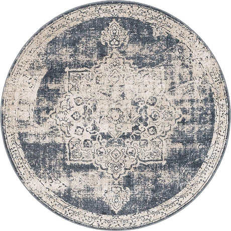 Navy Blue 4' 1 x 4' 1 Chateau Round Area Rug 85% Polypropylene & 15% Chenille With Cotton Backing Traditional Vintage Distressed Carpet for Classical Interior Design Decorating for Sale at Rug Engine