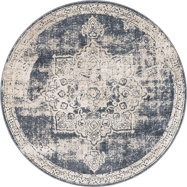 Navy Blue 4' 1 x 4' 1 Chateau Round Area Rug 85% Polypropylene & 15% Chenille With Cotton Backing Traditional Vintage Distressed Carpet for Classical Interior Design Decorating for Sale at Rug Engine