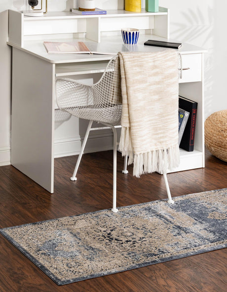 Navy Blue 2' x 6' 9 Chateau Runner Area Rug 85% Polypropylene & 15% Chenille With Cotton Backing Traditional Vintage Distressed Carpet for Classical Interior Design Decorating for Sale at Rug Engine