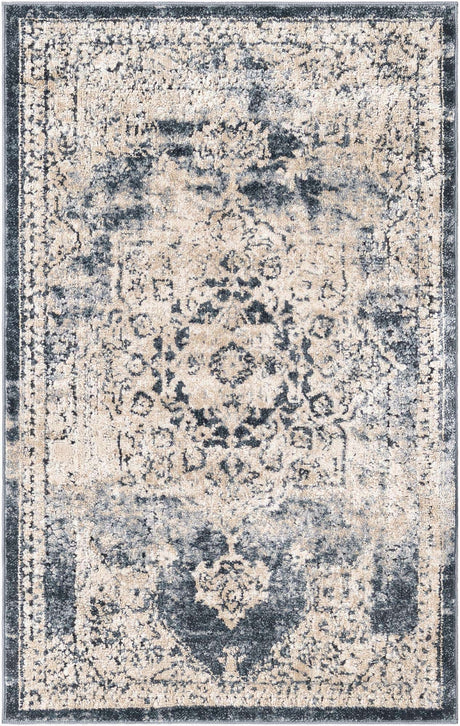 Navy Blue 2' x 3' 1 Chateau Rectangle Area Rug 85% Polypropylene & 15% Chenille With Cotton Backing Traditional Vintage Distressed Carpet for Classical Interior Design Decorating for Sale at Rug Engine