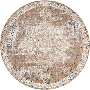 Khaki 7' 10 x 7' 10 Chateau Round Area Rug 85% Polypropylene & 15% Chenille With Cotton Backing Traditional Vintage Distressed Carpet for Classical Interior Design Decorating for Sale at Rug Engine
