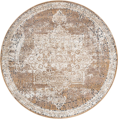 Khaki 7' 10 x 7' 10 Chateau Round Area Rug 85% Polypropylene & 15% Chenille With Cotton Backing Traditional Vintage Distressed Carpet for Classical Interior Design Decorating for Sale at Rug Engine
