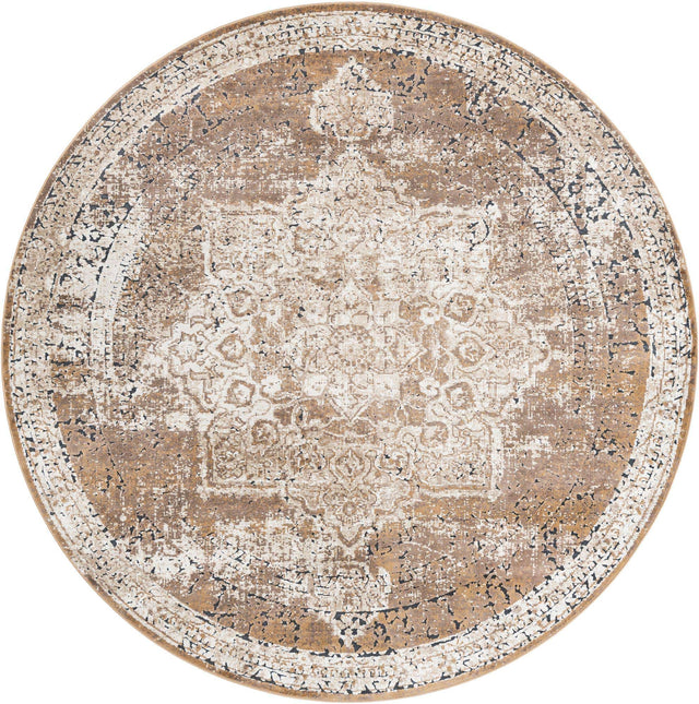 Khaki 7' 10 x 7' 10 Chateau Round Area Rug 85% Polypropylene & 15% Chenille With Cotton Backing Traditional Vintage Distressed Carpet for Classical Interior Design Decorating for Sale at Rug Engine