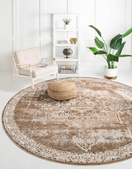 Khaki 7' 10 x 7' 10 Chateau Round Area Rug 85% Polypropylene & 15% Chenille With Cotton Backing Traditional Vintage Distressed Carpet for Classical Interior Design Decorating for Sale at Rug Engine