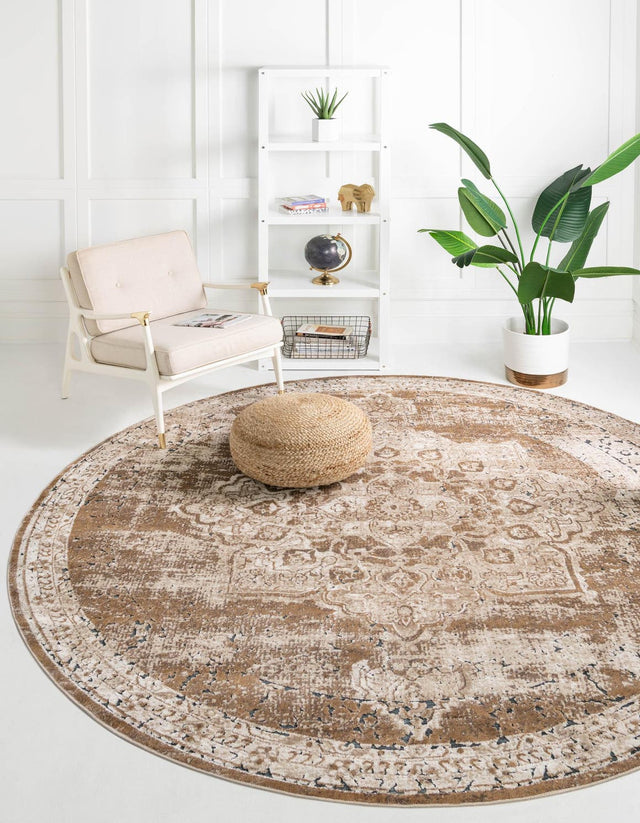 Khaki 7' 10 x 7' 10 Chateau Round Area Rug 85% Polypropylene & 15% Chenille With Cotton Backing Traditional Vintage Distressed Carpet for Classical Interior Design Decorating for Sale at Rug Engine