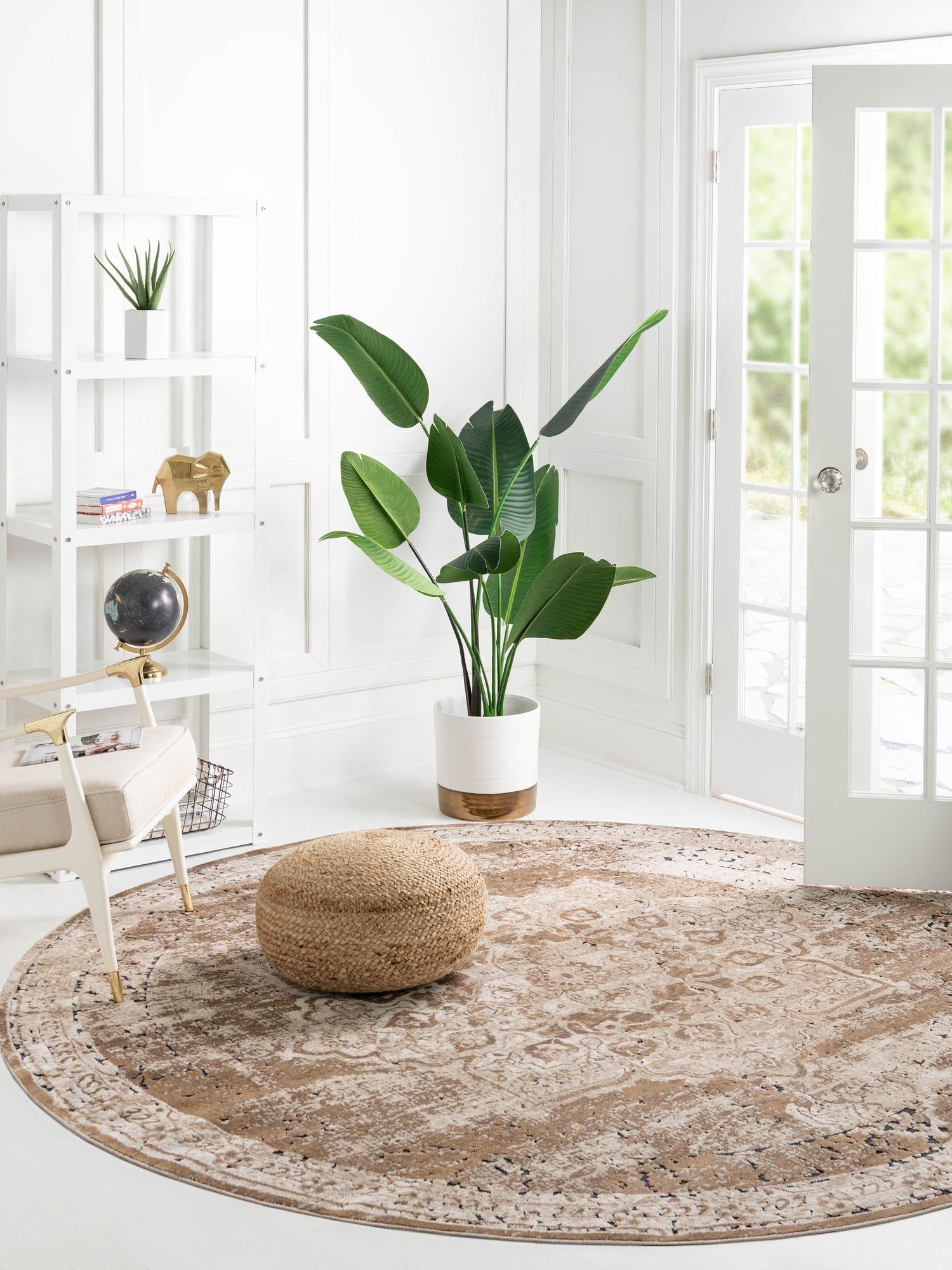 Khaki 7' 10 x 7' 10 Chateau Round Area Rug 85% Polypropylene & 15% Chenille With Cotton Backing Traditional Vintage Distressed Carpet for Classical Interior Design Decorating for Sale at Rug Engine