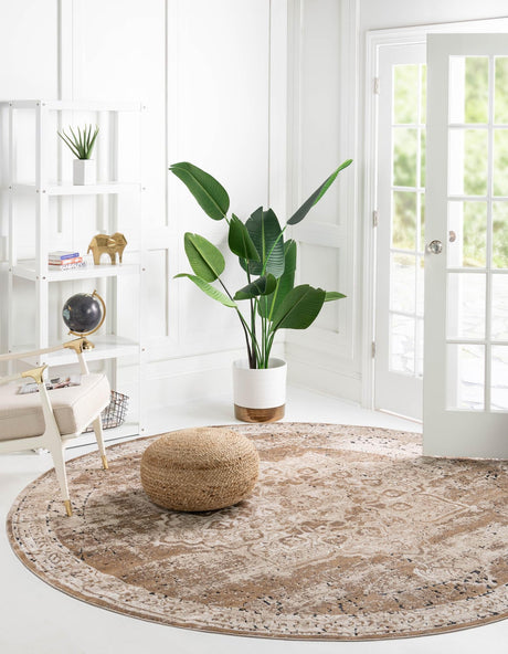 Khaki 7' 10 x 7' 10 Chateau Round Area Rug 85% Polypropylene & 15% Chenille With Cotton Backing Traditional Vintage Distressed Carpet for Classical Interior Design Decorating for Sale at Rug Engine